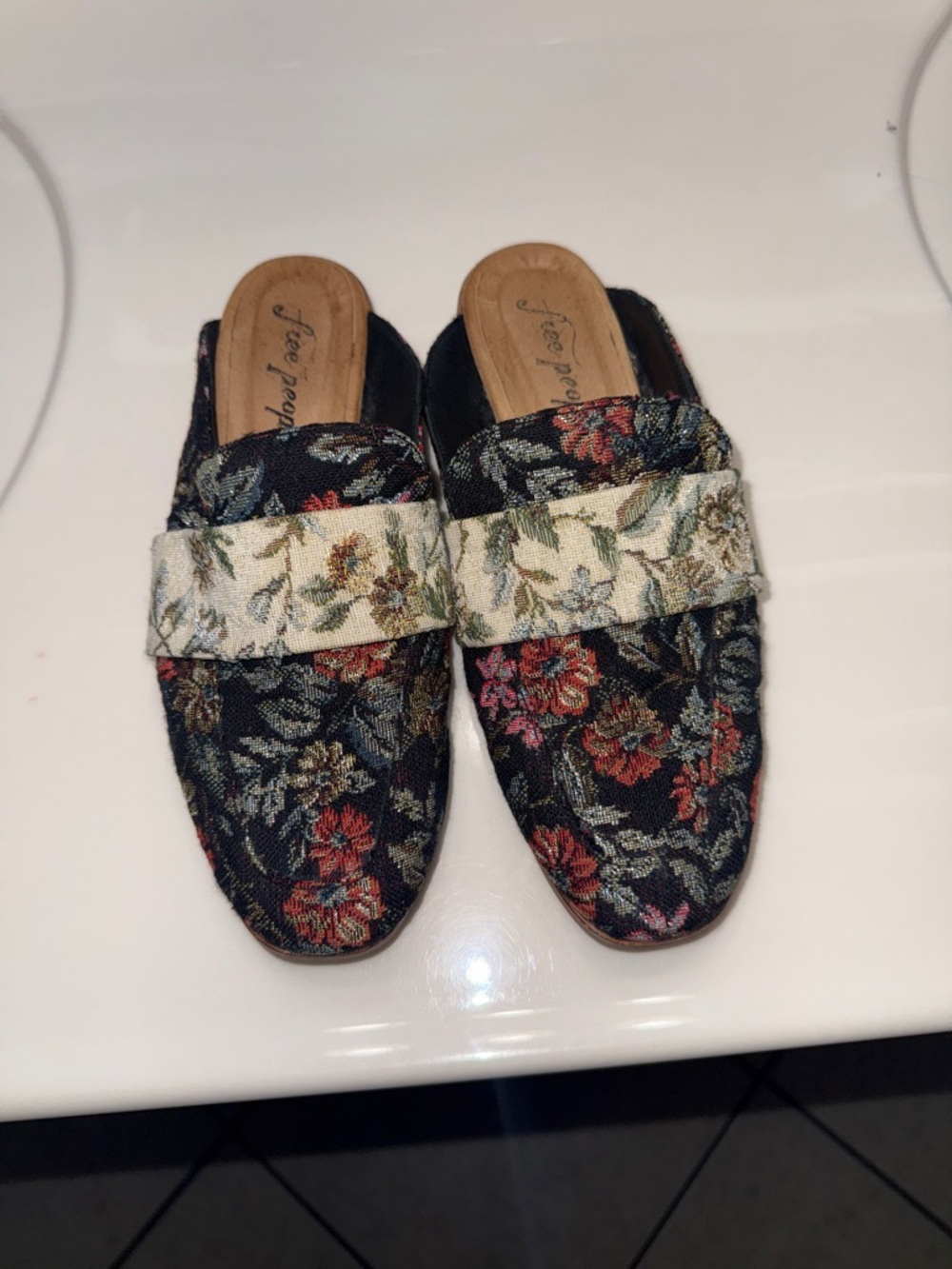 Free People Size 37 Brocade At Ease Black Floral Tapestry Mules